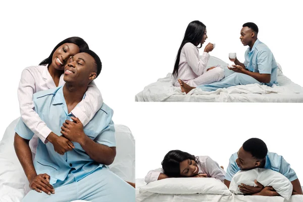 Collage di felice coppia afroamericana a letto in pigiama isolato su bianco — Foto stock