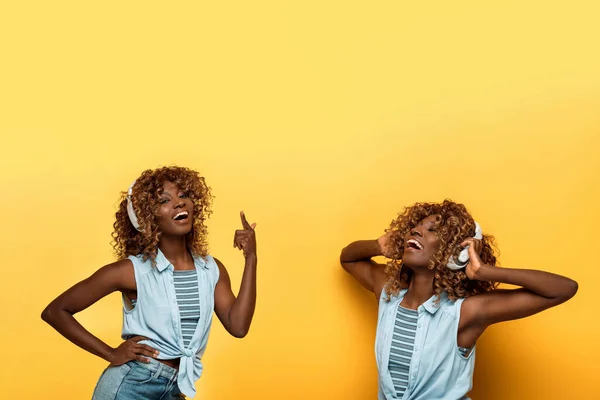 Collage de mujer afroamericana feliz escuchando música en auriculares sobre fondo amarillo - foto de stock