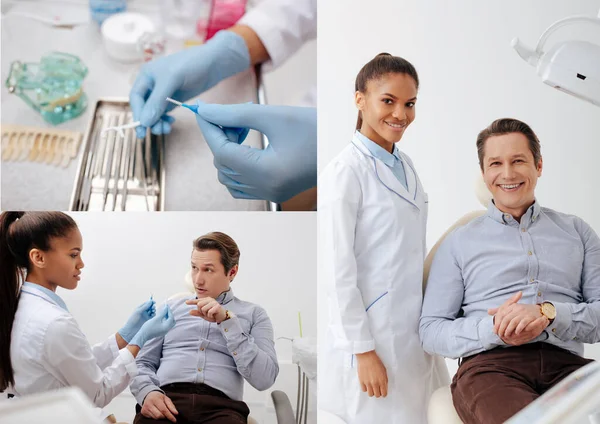 Colagem de instrumentos dentários e homem apontando com o dedo para escova de limpeza dentária inter perto feliz dentista afro-americano — Fotografia de Stock