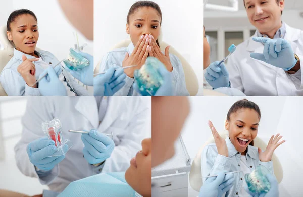 Collage de dentiste tenant modèle de dents près de femme afro-américaine émotionnelle dans les appareils — Photo de stock