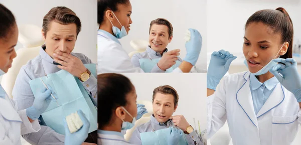 Collage de hombre feliz apuntando con el dedo al modelo de dientes y dentista afroamericano en guantes de látex sosteniendo hilo dental - foto de stock