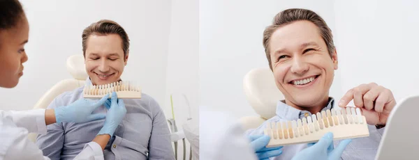 Collage of happy man pointing with finger at teeth palette near african american dentist in latex gloves — Stock Photo