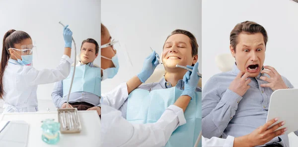 Collage de dentiste afro-américain en masque médical et écran facial avec des instruments dentaires près patient heureux et terrifié — Photo de stock