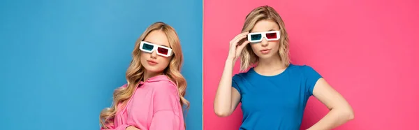 Panoramic orientation of blonde girls in 3d glasses on pink and blue background — Stock Photo