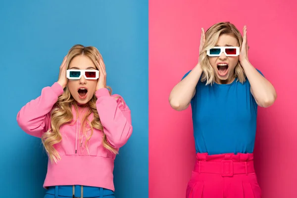 Испуганные и шокированные блондинки в 3D очках на синем и розовом фоне — стоковое фото