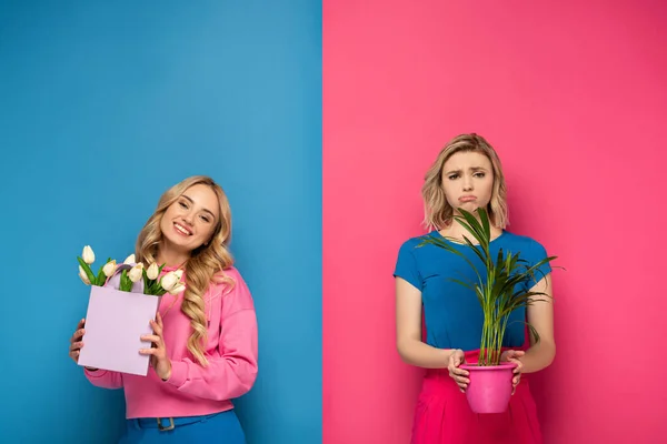 Sorridente ragazza bionda che tiene bouquet vicino sorella triste con pianta su sfondo rosa e blu — Foto stock