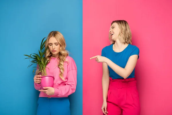 Laughing blonde girl pointing on sad sister with plant on pink and blue background — Stock Photo