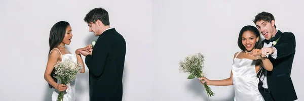 Collage of bridegroom putting wedding ring on finger of african american bride, and interracial newlyweds showing hands with wedding rings on white background — Stock Photo