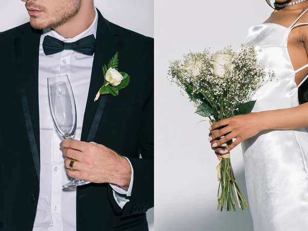 Collage of bridegroom holding champagne glass, and african american bride with wedding bouquet on white background, cropped view — Stock Photo
