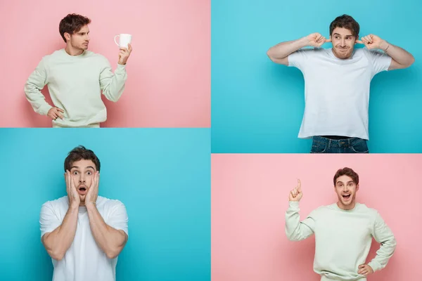 Collage del joven sosteniendo la taza, tapando las orejas con los dedos, tocando la cara y mostrando un gesto de idea sobre fondo rosa y azul - foto de stock