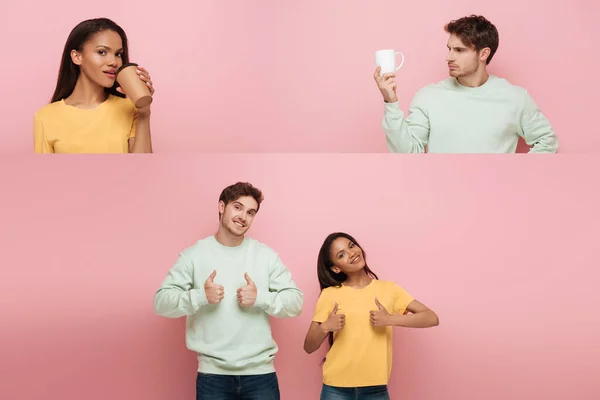 Collage de sonriente pareja interracial mostrando los pulgares hacia arriba, chica afroamericana bebiendo café para ir y hombre reflexivo sosteniendo taza sobre fondo rosa - foto de stock