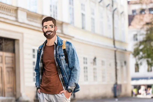 Young man with hands in pockets and illustrated face in city — Stock Photo
