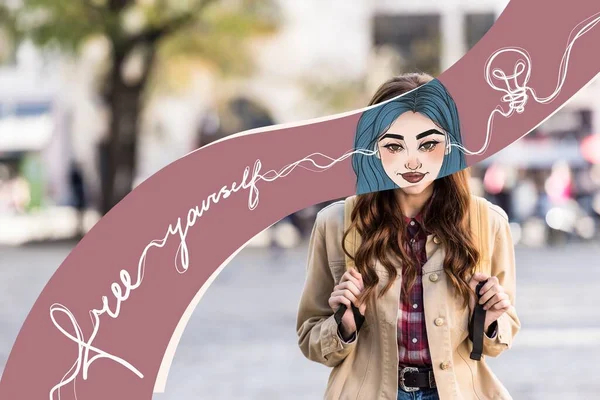Mädchen mit illustriertem Gesicht und Rucksack in der Stadt, befreien Sie sich Illustration — Stockfoto