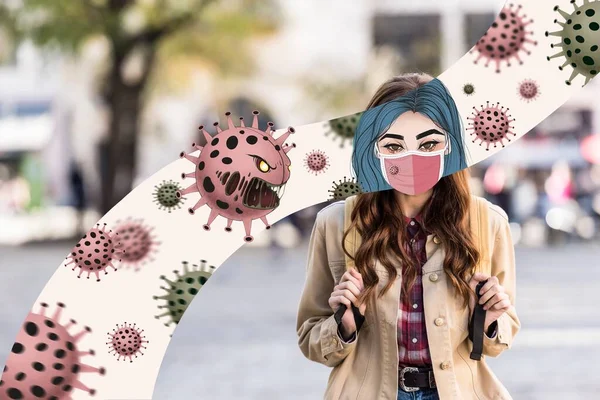 Girl with illustrated face in mask and backpack in city with bacteria illustration — Stock Photo