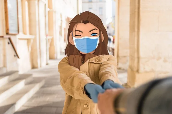 Selective focus of girl with illustrated face in medical mask holding hand of man in city — Stock Photo