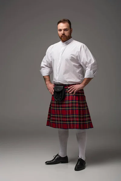 Scottish redhead man in red kilt on grey background — Stock Photo