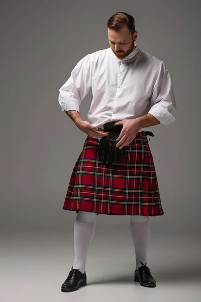 Escocês ruivo homem em kilt vermelho colocando moedas de ouro no saco de cinto em fundo cinza — Fotografia de Stock