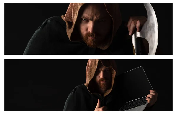 Collage of frowning medieval Scottish redhead man with battle axe and laptop in dark isolated on black — Stock Photo