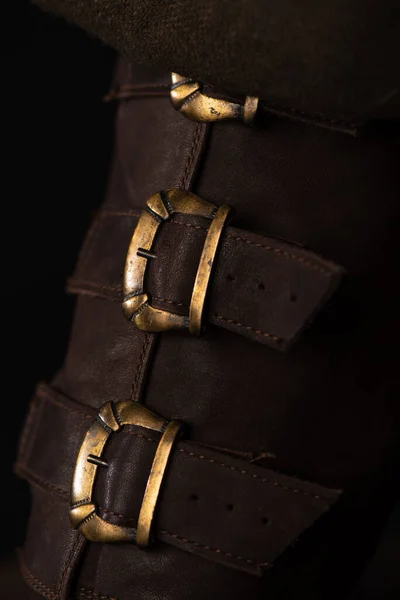 Close up view of medieval Scottish brown leather shoes with buckles — Stock Photo