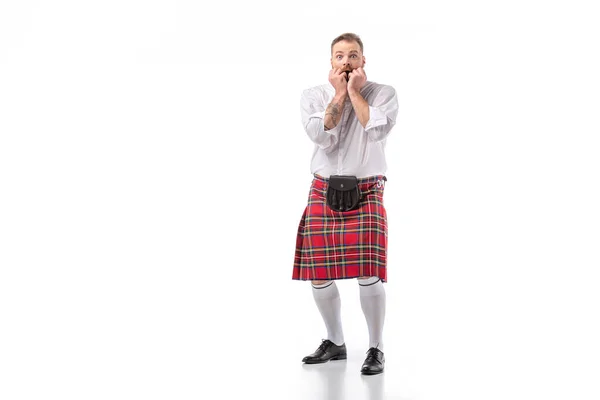 Sagrado escocês ruiva barbudo homem no vermelho tartan kilt com boca aberta no fundo branco — Fotografia de Stock