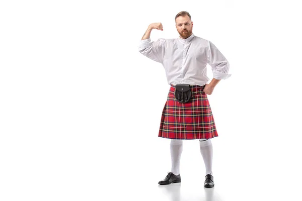 Strong Scottish redhead bearded man in red tartan kilt showing biceps on white background — Stock Photo