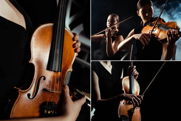 Коллаж с профессиональными музыкантами, играющими на скрипках на темной сцене с дымом — стоковое фото