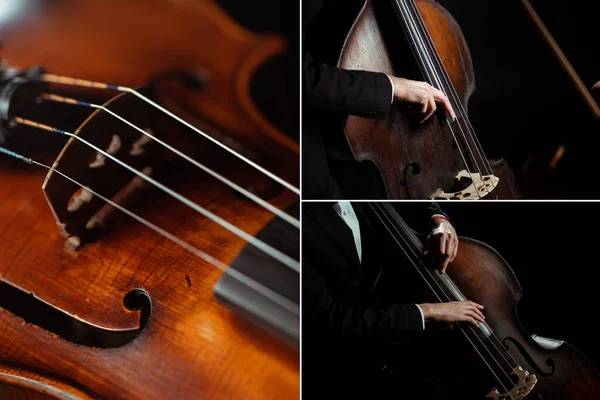 Collage mit professionellem Musiker, der auf Kontrabass isoliert auf Schwarz spielt — Stockfoto