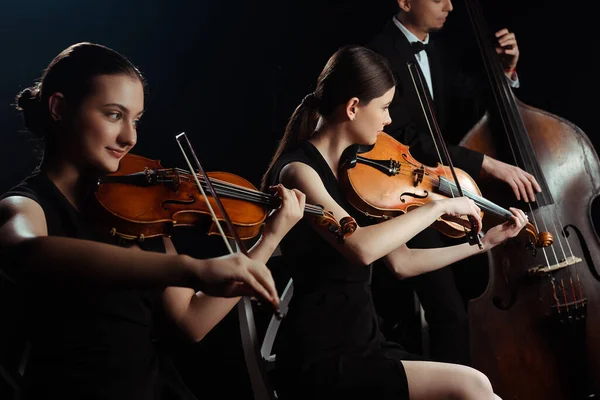 Trio of musicians playing on double bass and violins isolated on black — Stock Photo