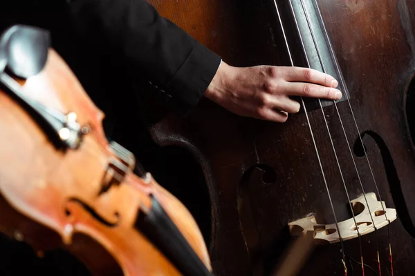 Professional musician playing on double bass on dark stage with selective focus of violin — Stock Photo