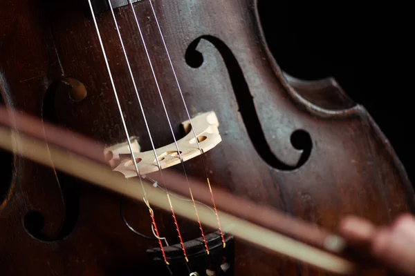 Close up of double bass and bow — Stock Photo