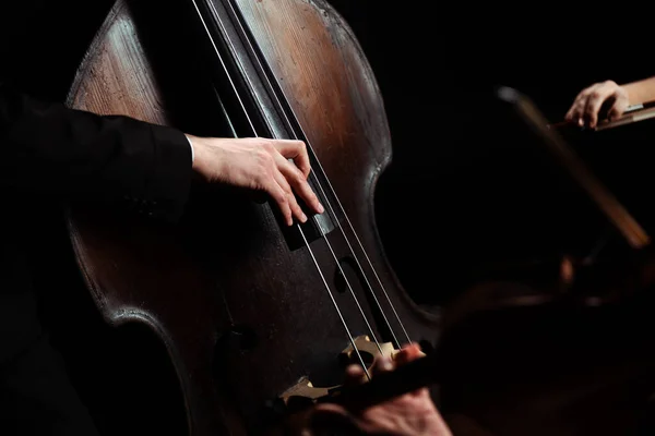 Vista ritagliata di musicisti professionisti che suonano violino e contrabbasso sul palco buio — Foto stock