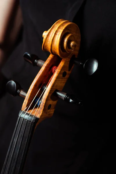 Vista recortada de la música femenina y el violín en el escenario oscuro - foto de stock