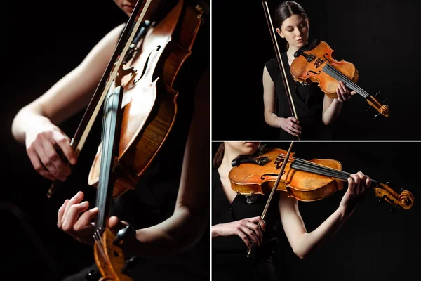 Коллаж с женщиной-музыкантом, играющей симфонию на скрипке, изолированной на черном — стоковое фото