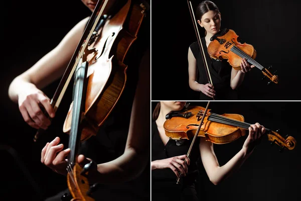 Collage with female musician playing symphony on violin isolated on black — Stock Photo
