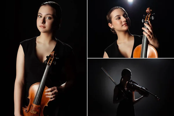 Collage con musicista donna che suona il violino sul palco buio — Foto stock