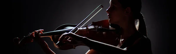 Силуэт женщины-музыканта, играющей на скрипке на темной сцене, панорамная ориентация — стоковое фото