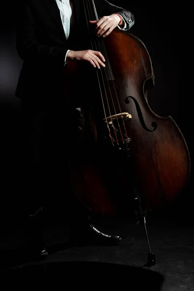 Ausgeschnittene Ansicht eines professionellen Musikers am Kontrabass auf dunkler Bühne — Stockfoto