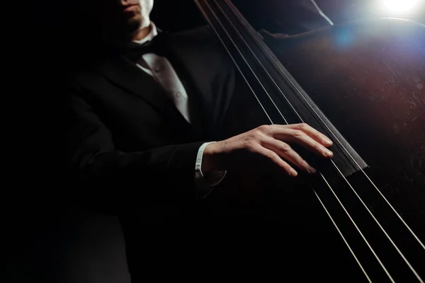 Recortado vista de músico tocando en el bajo doble en el escenario oscuro - foto de stock