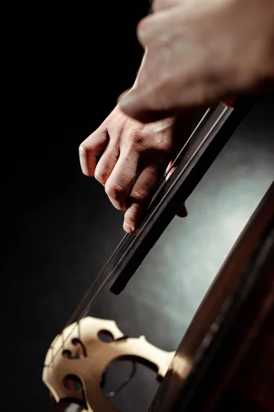 Ausgeschnittener Blick auf professionelle Musiker, die auf dunkler Bühne auf Kontrabass spielen — Stockfoto