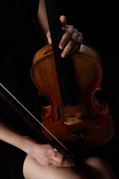 Vista recortada de la música femenina sosteniendo el violín en el escenario oscuro - foto de stock