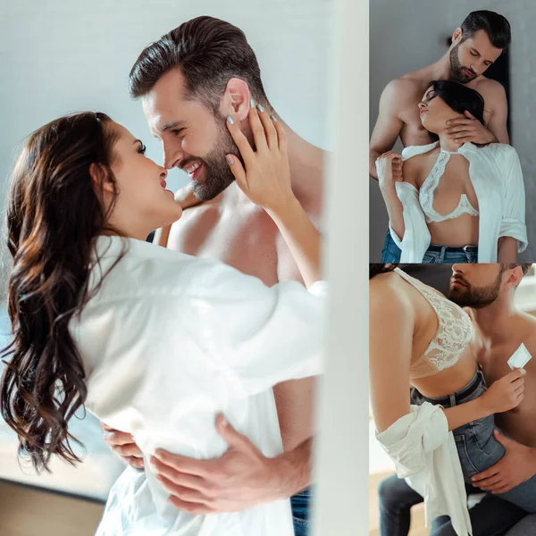 Collage di sexy giovane donna bruna e uomo con torso nudo che abbraccia e bacia a casa — Foto stock