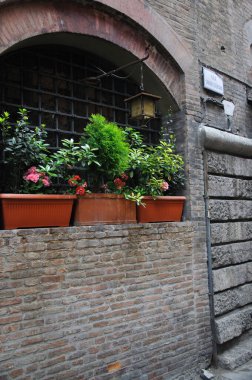 Bologna 'nın eski şehir merkezinde sokak manzarası (San stefano üzerinden)