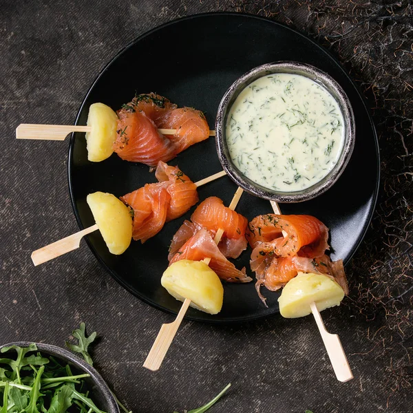 Appetizer with smoked salmon and potatoes — Stock Photo, Image