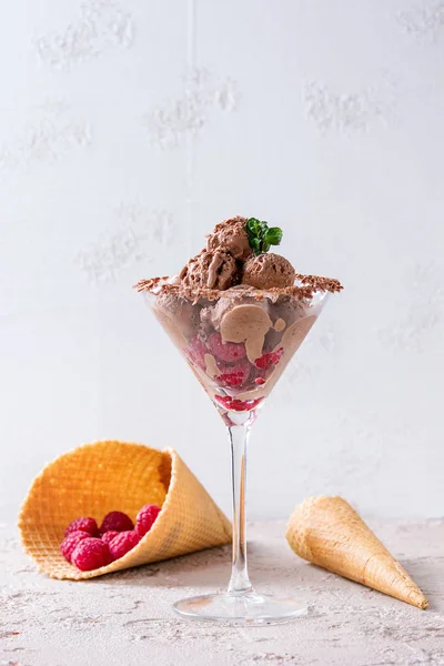 Sorvete de chocolate com framboesas — Fotografia de Stock