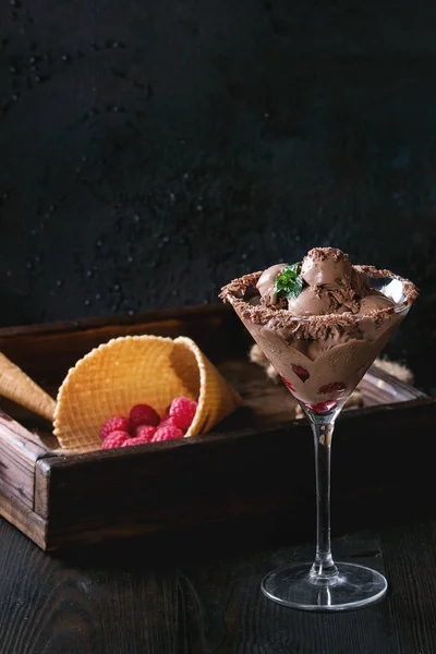 Helado de chocolate con frambuesas —  Fotos de Stock
