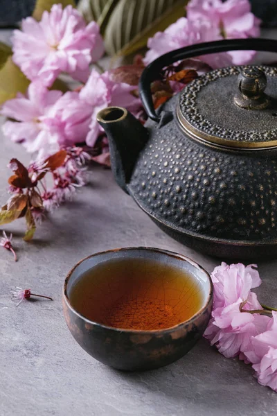 Teapot and cup of tea with blossom branch — Stock Photo, Image