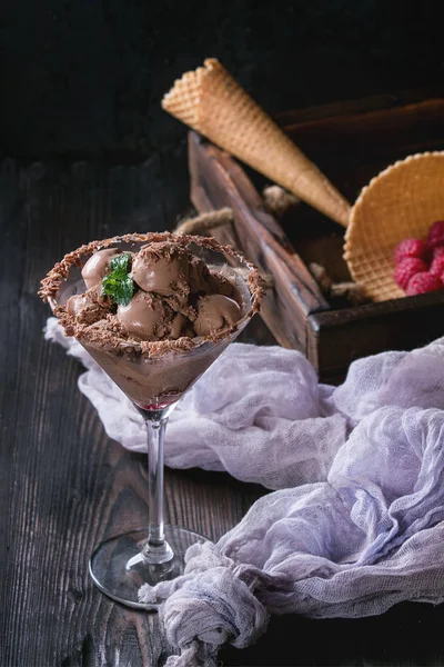 Helado de chocolate con frambuesas —  Fotos de Stock