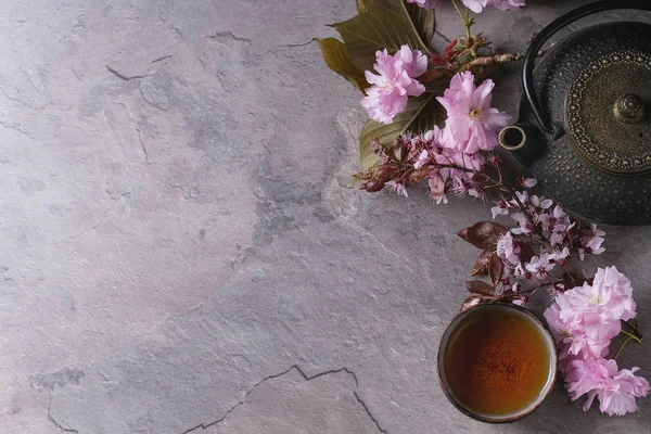 Teapot and cup of tea with blossom branch — Stock Photo, Image