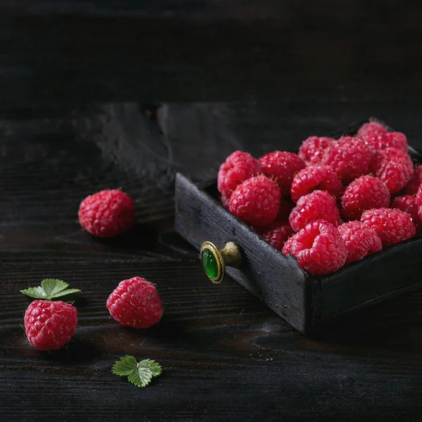 Raspberry segar dalam kotak — Stok Foto