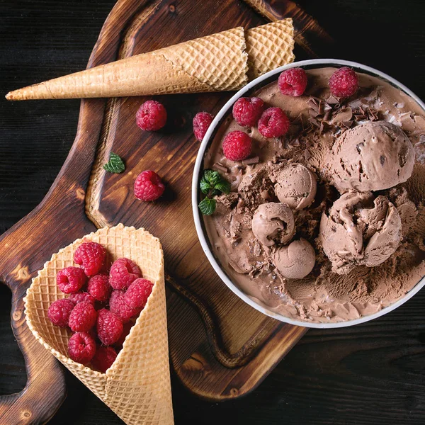 Čokoládová zmrzlina s malinami — Stock fotografie